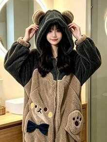 1 pc Jubah Mandi Dewasa Unisex Motif Beruang Kartun Lucu, Lembut Tebal Hangat Lengan Panjang, Potongan Longgar Nyaman, Cocok untuk Pemakaian Harian di Musim Gugur dan Musim Dingin - MultiWarna - View 6