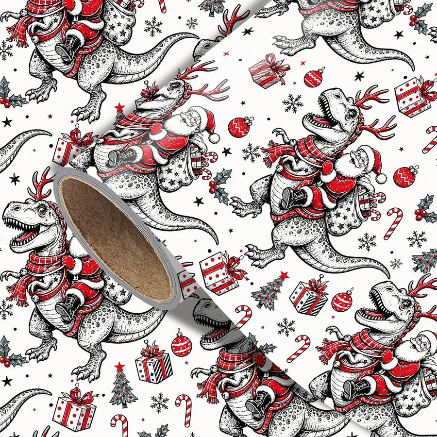 1 Set Vintage Dinosaur Christmas Wrapping Paper (Includes Stickers), Santa Riding Dinosaur, Reindeer, Christmas Tree, Candy Cane Patterns, Vintage Sketch Design, Suitable For Christmas Gift Wrapping, Party Decoration And Birthday Gifts - Black and White Dinosaur - View 1