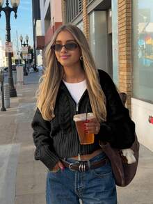 Senya Autumn/Winter New Vintage Oversized Cable Knit Cardigan With Lapel Collar And Double Zipper, Loose Drop Shoulder Casual Short Commuter Sweater, Black - Black - View 1