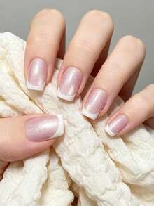 32-Piece Square Press-On Nails: Long-Lasting French Manicure Style With A Cat-Eye Effect-An Essential Nail Accessory For Parties, Gatherings, And Everyday Wear. - Multicolor - View 1