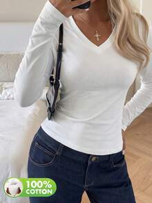 Women's Casual V-Neck Long Sleeve Top Set, Spring/Autumn - White - View 6