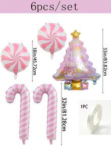 6pcs/Set Pink Christmas Tree Candy Cane Round Ball Balloon Set, Christmas Party Decoration Supplies, Themed Birthday Party Decor, Holiday Photo Props, Christmas Decorative Balloons - Christmas - View 7