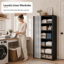 Dustproof 6-Tier Double Row Fabric Storage Wardrobe With Drawer And Curtain, 155cm Height Open Closet Organizer For Bedroom Dorm Living Space Easy Assembly Portable Clothes Rack Cabinet - Multicolor - View 14