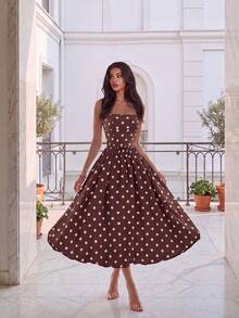 Elegante Vestido Midi Vintage Bohemio con Lunares, Sin Tirantes y Bajo de Burbuja, Adecuado para Invitada de Boda, Fiesta, Playa, Vacaciones de Verano, Salidas y Ocasiones de Graduación - Marrón Mocha - Ver 4