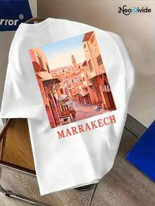 Men's T-Shirt With A Street Scene Print Of The Old City Of Marrakech, Morocco, Round Neck And Short Sleeves - Top Garment - White - View 4