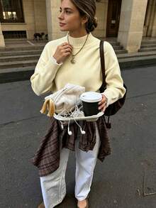 Women's Casual Daily Commute Fashion Loose Minimalist Solid Color Half-High Neck Drop Shoulder Long Sleeve Versatile Sweater, Autumn/Winter Fall - Light Yellow - View 1
