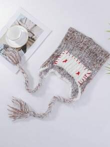 1pc Women's Dopamine Color Little Devil Ear Warmer Headwear, Handmade Contrast Color Tassel Braid Beanie, Autumn/Winter - Multicolor - View 8