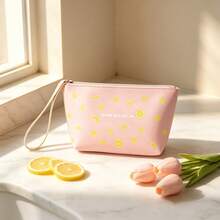 1pc Portable Daily Cosmetics Storage Bag Mesuca Printed Design Pink Tone Durable PU Fabric With Wrist Strap Large Capacity Toiletries Short Trip Home Storage - View 1