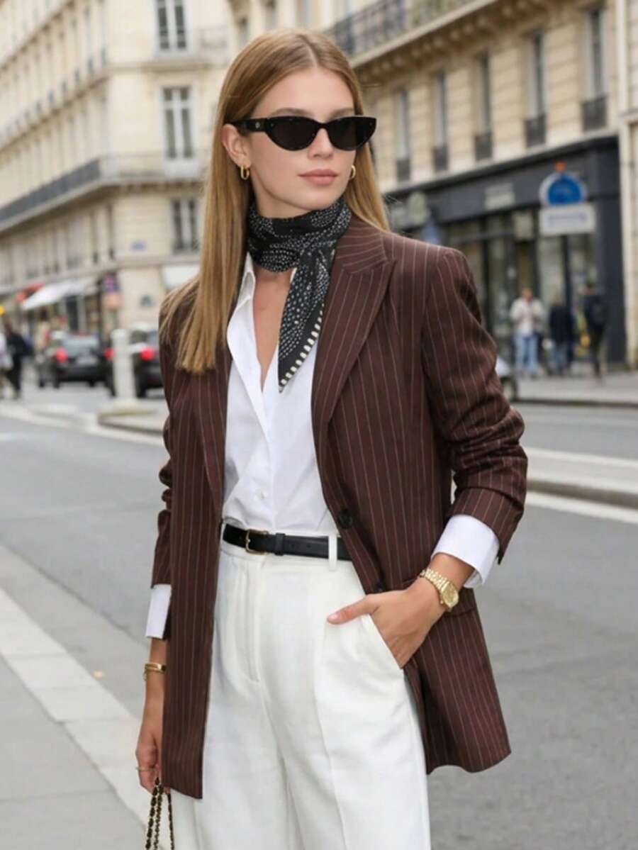 Vintage Brown Pinstripe Fabric, Classic Notch Lapel Single-Breasted Design Jacket, Suitable For Commuting, Street Style, And Dating Occasions