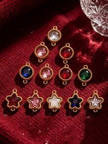 1 Pc 304 Stainless Steel 18K Gold Plated Rhinestone Star Round Charms Multi‑Color Crystal Double Loop Pendants DIY Charms Handmade Necklace Connector - Connector - View 7
