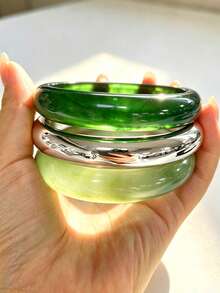 3pcs Set Exquisite Vintage Acrylic Bracelet Set, Fashionable Cylindrical Design, Suitable For Daily Casual Wear, Women's Fashion Accessories, Acrylic Material, No Inlay Craft, Suitable For All Year Round, Used For Daily, Party And Vacation Occasions. - Green - View 4