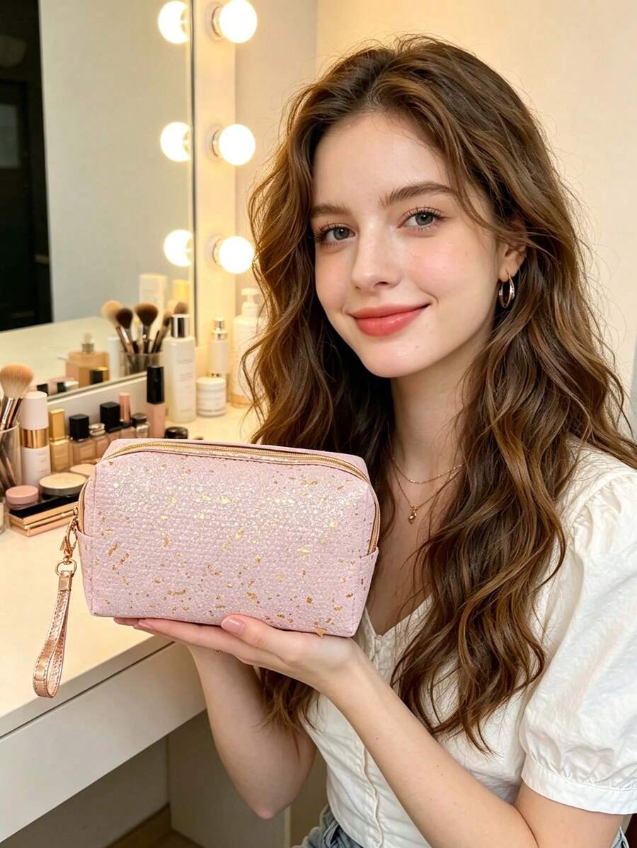 1pc Large Capacity Glitter Textured PU Leather Zippered Makeup Bag, Cosmetic Organizer, Portable Travel Storage Pouch For Daily Commute And Travel, Suitable For Men And Women, All Seasons - Multicolor - View 1