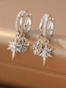 Minimalist Luxury Cross Starburst Double Layer Earrings, Silver Plated Wide Band Cubic Zirconia Hoop Earrings, Niche Design Office/Party Jewelry - Silver - View 7