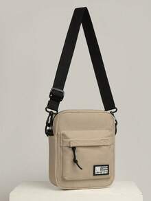 Men's Canvas Crossbody Mini Shoulder Bag With Pendant, Colorblock Phone Bag - Mocha Brown - View 1