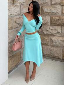 Women's Long Sleeve V-Neck Tie Front 2 Pieces Set - Teal - View 6