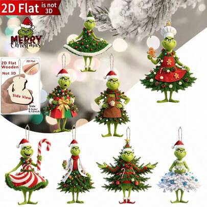 The Grinch 20pcs Random Christmas Creative Decorative Hanging Ornaments, Wooden 2D Flat Christmas Tree Hanging Decorations, Garden Hanging Decorations, Party Hanging Decorations, Gift Hanging Decorations, Holiday Home Atmosphere Hanging Decorations, Wedding Hanging Decorations, Car Hanging Decorations, Hotel, Store Hanging Decorations, Restaurant Hanging Decorations, Suitable For Door, Window Handle Hanging Decorations, Suitable As Christmas Gifts For Friends, Family, Halloween Costume Props