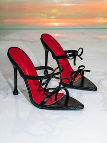 Women's Black Bow Decor High Heel Mule Sandals, Elegant Party High Heel Sandals - Black - View 2