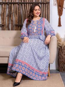Plus Size Women's Loose Fit Geometric Floral Vintage Print Long Sleeve Dress - Multicolor - View 6