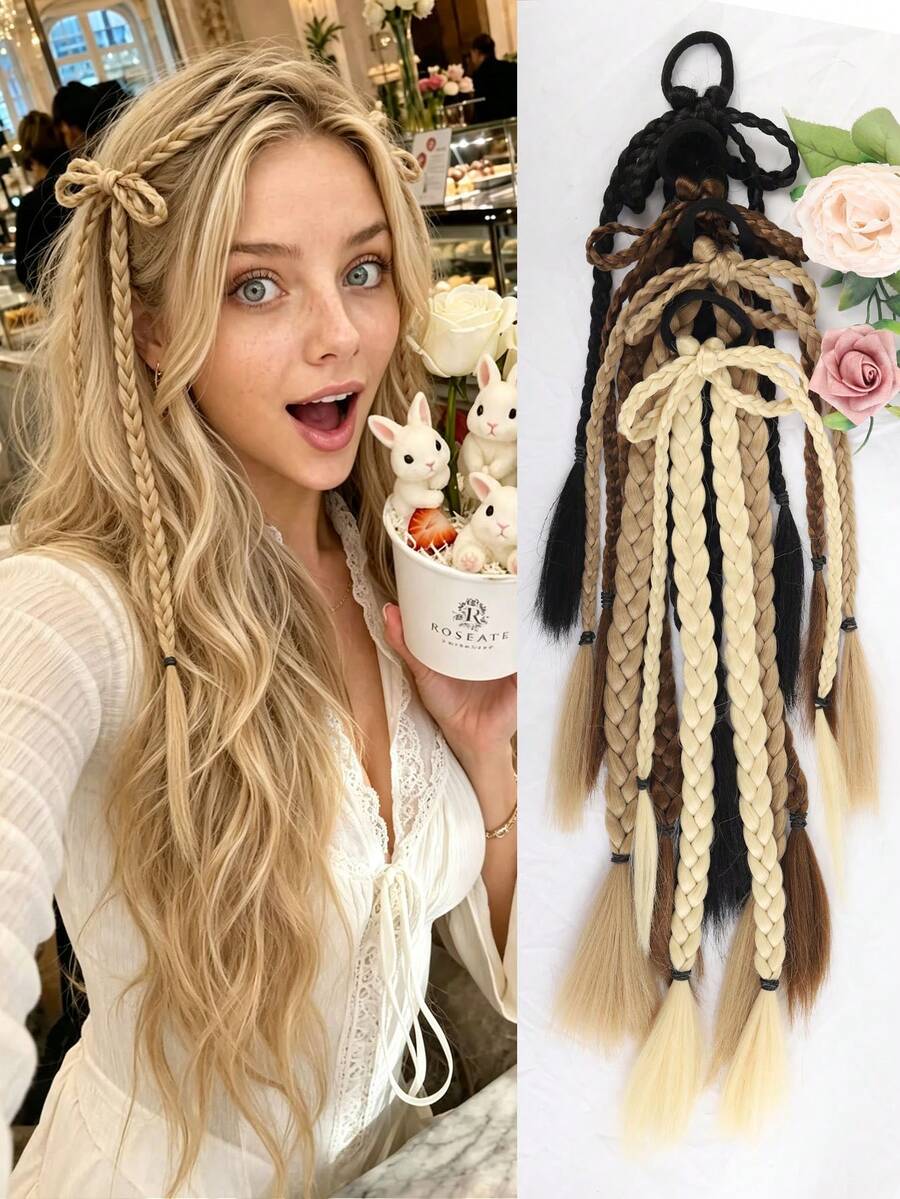 Synthetic Braided Ponytail Hair Extension With Bow Hair Tie, Double Braid Hairpiece For Women, Y2K Party Cosplay Hairstyle