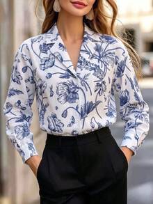 Women's Vintage Floral Print Button Front Notch Lapel Long Sleeve Shirt For Business, Office, Commute, Vacation, Holiday, Spring Fall Winter - Blue - View 9