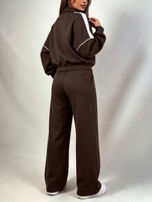 Women's Casual Brown 2 Pieces Sportswear Set, Includes Lapel Zip-Up Jacket And Long Pants, Suitable For Daily Wear - Brown - View 4