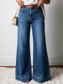 Blue Gradient Distressed Denim Wide Leg High Waist Loose Fit Jeans With Wide Hem - Blue - View 5