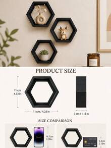 1/3pcs Black Hexagon Floating Wall Shelves Mini Wall-Mounted Display Rack, Living Room/Bedroom Wall Storage Decoration, Black Geometric Wall Shelf, Small Green Plants & Perfume Display Storage Rack - Black - View 7