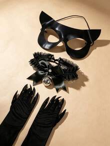 3pcs Halloween Cat Ear Headband Cute Black Cat Cool Costume Set - Multicolor - View 4