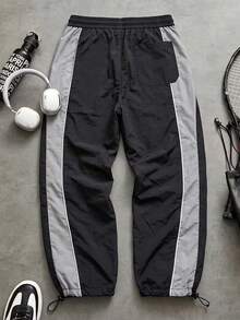 Men's Athletic Sports Pants, Line & Color Block Design, Drawstring Waistband, Elastic Waist, Multiple Colors, Couple Gift - Black - View 2