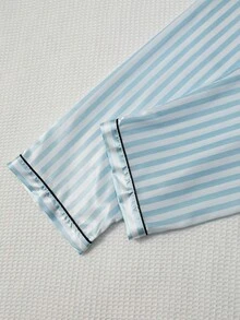 Elegant Women's Short Sleeve Top, Shorts, Long Pants, Collared Striped Print Bow Pajama 3-Piece Set, Loungewear Set - Baby Blue - View 6