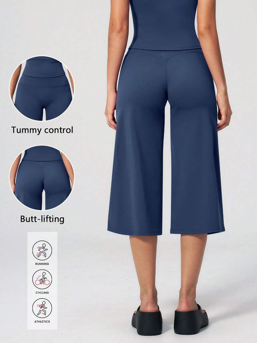 Women's Versatile Daily Minimalist High Waist Wide Leg Capri Pants, Loose Comfortable Outfit For Date Yoga Pilates - Royal Blue - View 1