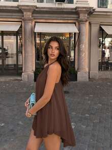 Casual Sexy Fashion Halter Neck Backless Chiffon Loose Fit Dress, Asymmetric Hem Elegant Style - Brown - View 4