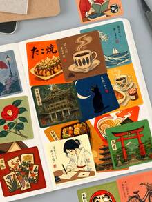 50Pcs Traditional Retro Japanese Art Mixed Stickers, Watercolor Aesthetics Waterproof Vinyl Decals For Phone, Kindle, Notebook, Luggage Decoration - Multicolor - View 6