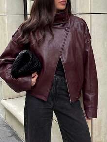 Autumn/Winter Solid Color Asymmetric Button Lapel Long Sleeve Loose PU Leather Jacket, Urban Street Style Fashion Outerwear - Burgundy - View 7
