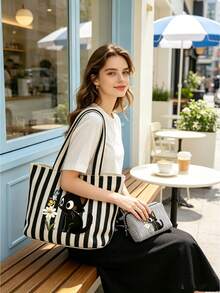 Ladies' Striped Canvas Handbag And Makeup Bag, Cute Casual Style, Floral Kitten Print, Large Capacity Shoulder Bag, Casual Striped Handbag, Work - Multicolor - View 2