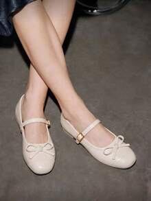 MOVA Women's White Mary Jane Flats, Round Toe Bow Ballet Flats, With Buckle Strap, Fashionable Versatile Casual And Formal Shoes - White - View 8