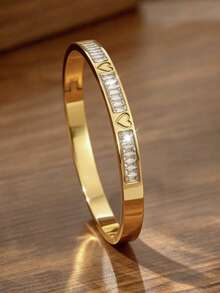 1/3pcs 18K Gold Plated Heart-Shaped 304 Stainless Steel Bracelet Set, Fashion Women's Jewelry With Cubic Zirconia, Stackable Gold-Tone Accessories. High-Quality Heart Bracelet Set, Suitable For Daily/Valentine's Day/Girlfriend/Lover Wear And Women's Gifts - Gold - View 2