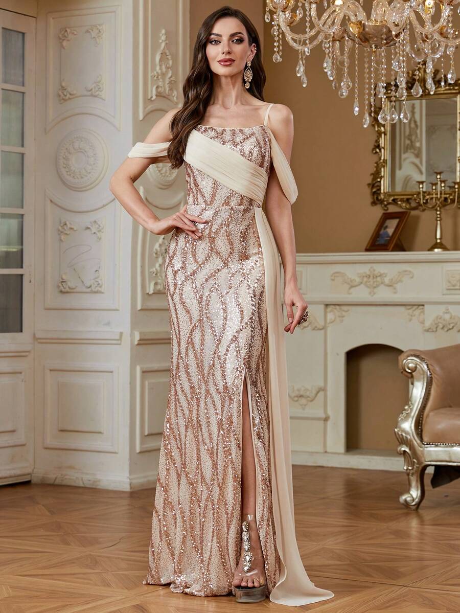 hezixi Sequin Spaghetti Strap Chiffon Flowing Evening Gown