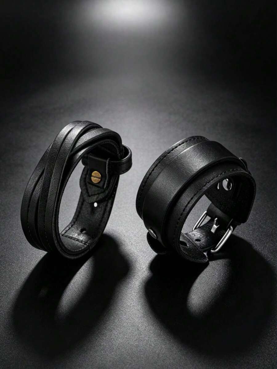 2pcs Black Motorcycle Style Fashion Punk Bracelet, Suitable For Men's Daily Riding And Sports Wear, Exquisite Bracelet Set For Men - Black - View 1