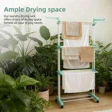 Shoze Foldable 3‑Tier Stainless Steel Laundry Drying Stand, Mobile Clothes Rack With Side Wings And Built‑In Wheels - green - View 2