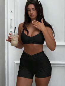 女款露背運動內衣，交叉肩帶修身短版上衣，瑜伽訓練健身套裝，黑色優雅夏季款 - 黑色 - 查看 1