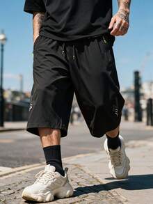 Loose Fit 7/10 Length Men's Summer Casual Sports Pants With Elastic Waist Drawstring And Zipper Pockets - Black - View 1