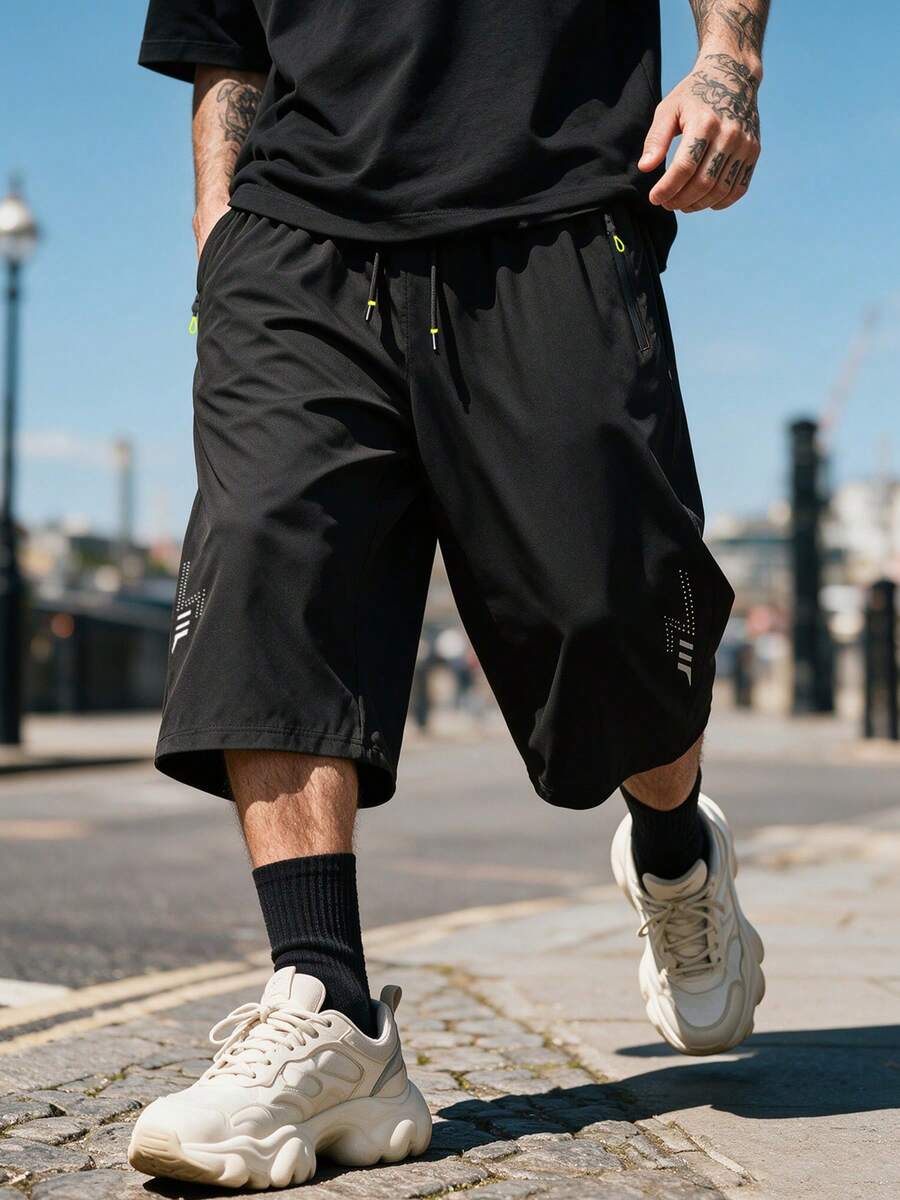 Loose Fit 7/10 Length Men's Summer Casual Sports Pants With Elastic Waist Drawstring And Zipper Pockets - Black - View 1