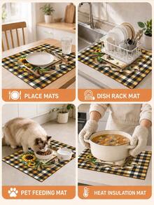 1pc Sunflower Plaid Pattern Diatomaceous Earth Kitchen Drain Mat, Absorbent Dish Drying Mat, Coffee Machine Mat, Dishwashing Mat, Sink Mat, Kitchen Countertop Protector, Suitable For Cups, Plates, Tableware And Kitchen Decor - Multicolor - View 5