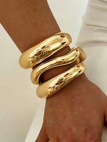 3/1pc Set Vintage Exaggerated Bohemian Style Wide Wave & Geometric Shape CCB Material Gold-Tone Open Bangle Bracelet For Women, Spring/Summer Daily, Party, Beach, Vacation, Gift Jewelry - Gold - View 3