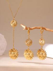 GEREIT Set Kalung dan Anting Liontin Bunga Matahari Dua Lapis Stainless Steel Berlapis Emas 18k Isi 3 Buah - Emas - View 5