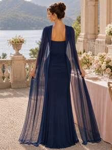 MIUSOL Halter Neck Hollow Out Mesh Sleeveless Ruched Mermaid Hem Formal Party Long Dress, Formal Evening Gown, Suitable For Wedding Guests, Graduation Ceremony, Dinner - Navy Blue - View 2