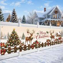 1pc Winter Christmas Theme Garden Sign Banner, Polyester, Reindeer Christmas Tree, Gift Sleigh, Snowy Ground Cabin Background. Suitable For Garden Fences, Patios, Walls, Christmas Parties, Etc. - A - View 6