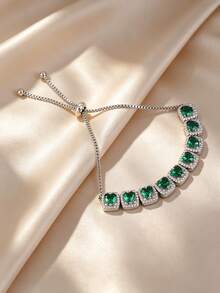 1pc Women's Luxury Heart-Shaped Zirconia Bracelet, Adjustable Elegant Lightweight Jewelry, Suitable For Banquet, Party, Date, Vacation, Gift For Her - Silver - View 5