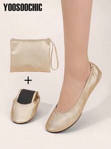 Women's Lightweight, Barefoot Comfortable Foldable Ballet Flats, Slip-On Indoor Party Slippers, Spare Shoes - Gold - View 2